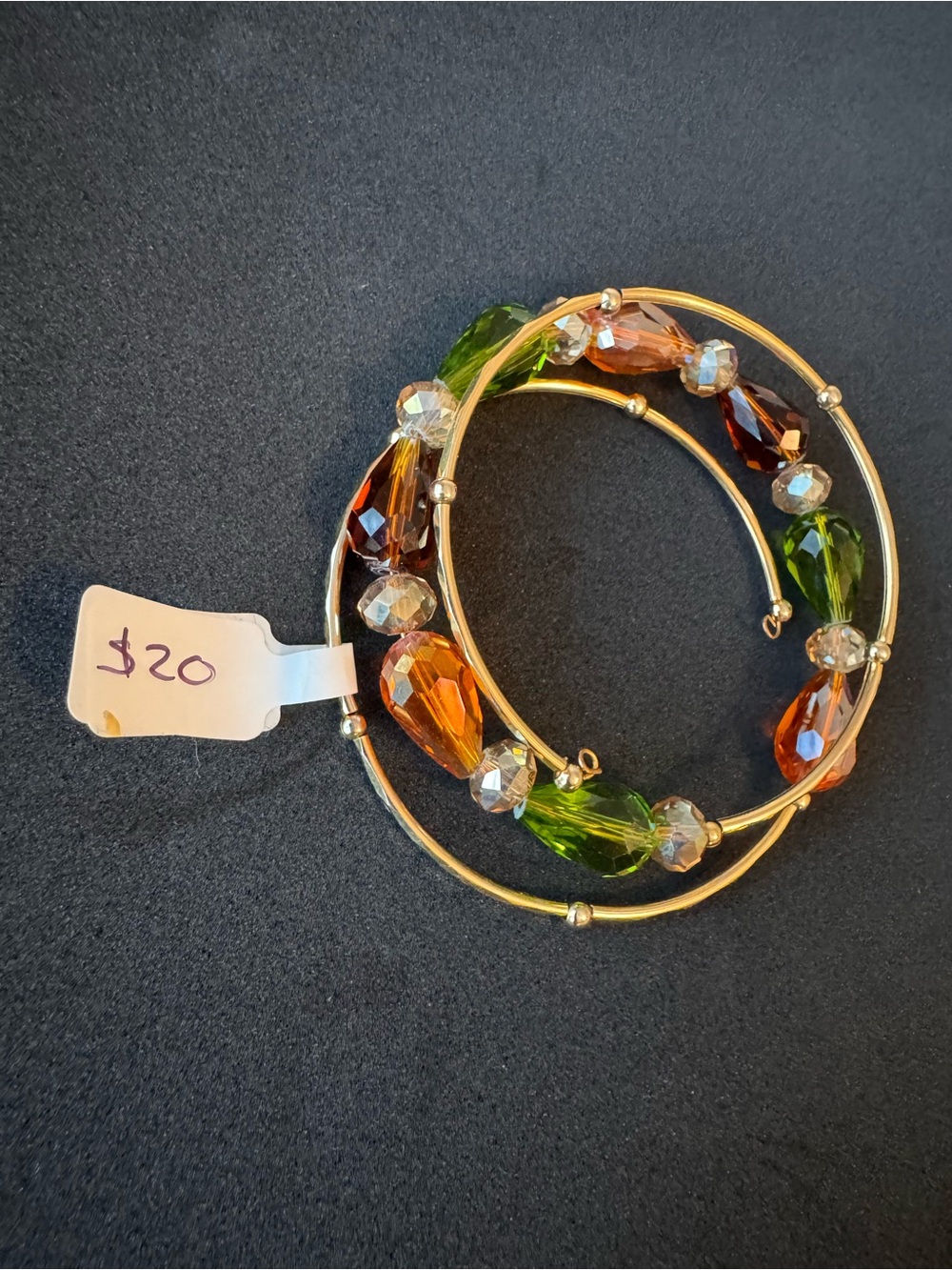 Gold plated bracelet with Green and Amber Crystal Beads